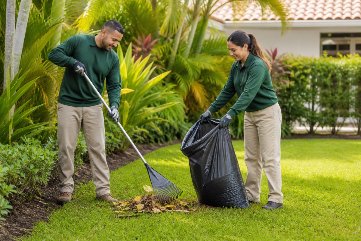Lawn-care team completing a yard cleanup