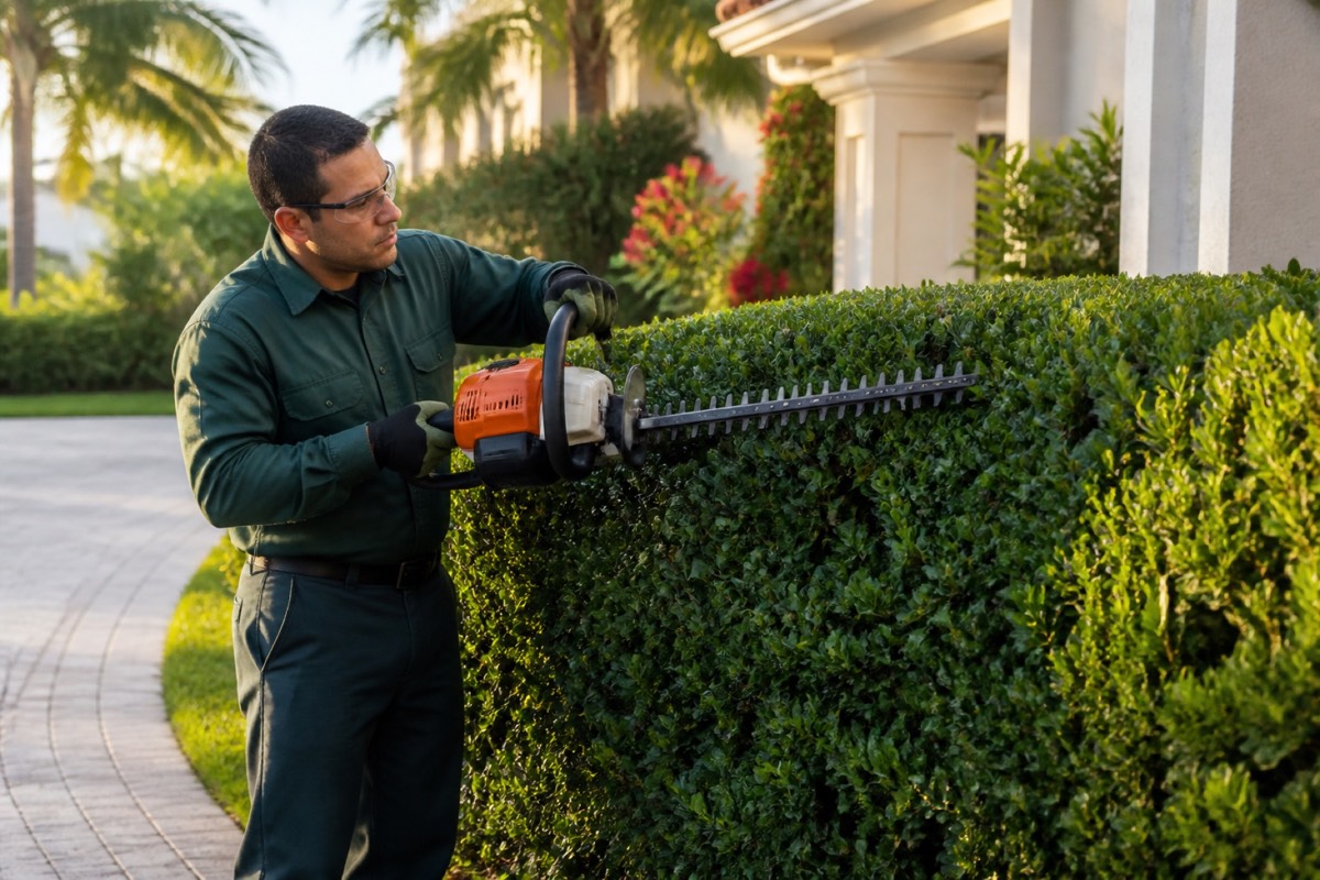 Professional trimming a residential hedge
