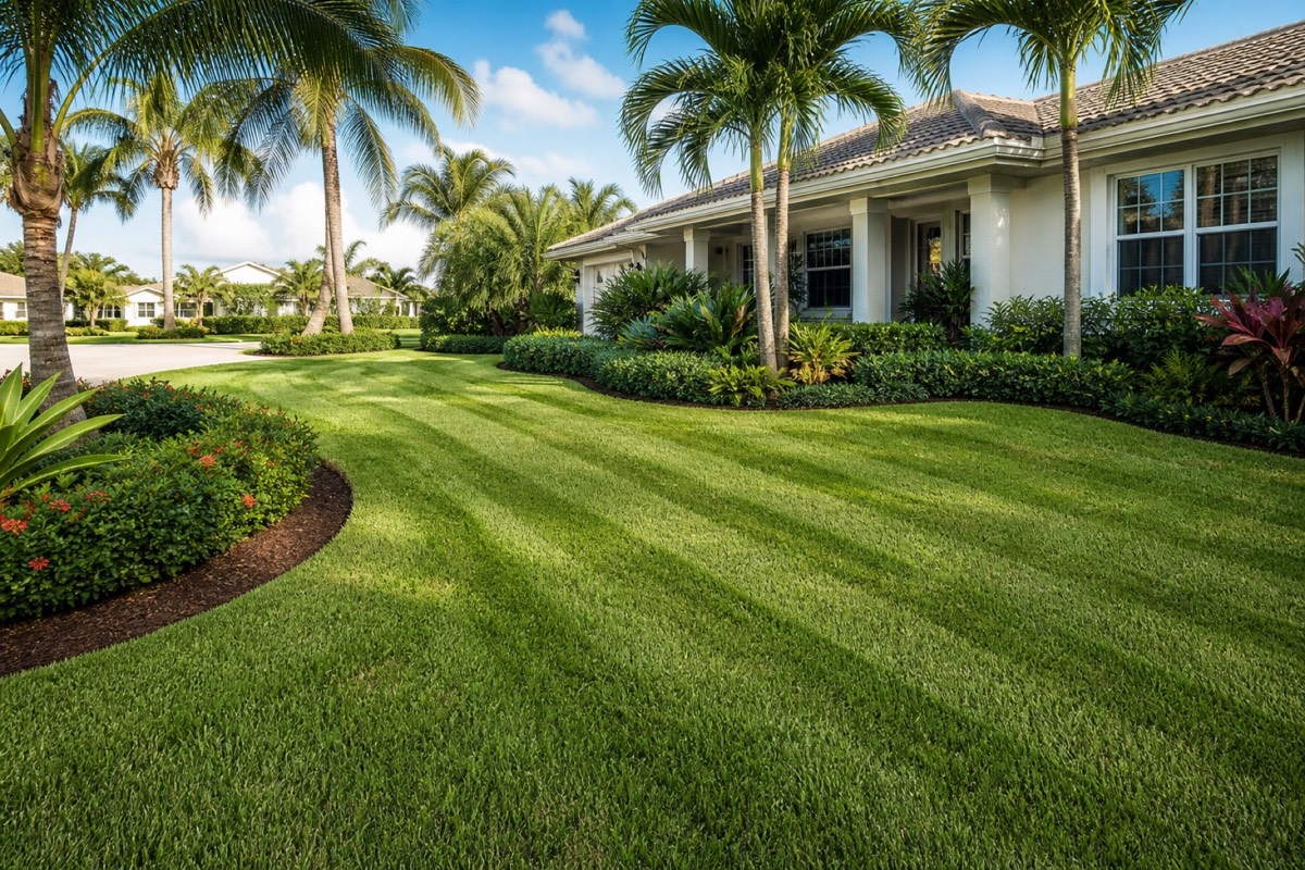 Freshly striped South Florida lawn and neatly edged landscaping